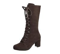 Women Knee High Boots,Ladies Chunky Block Heel Lace Up Mid Calf Military Combat Biker Boots UK Size 4.5-9.5