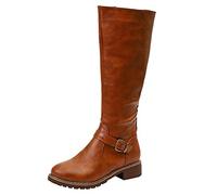 Women Knee High Boots,Ladies Mid Calf Zipper Boots Low Block Heel PU Leather Military Combat Biker Boots UK Size 4.5-9.5