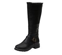 Women Knee High Boots,Ladies Mid Calf Zipper Boots Low Block Heel PU Leather Military Combat Biker Boots UK Size 4.5-9.5