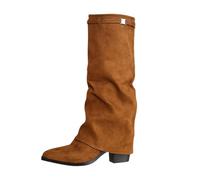 Women Knee High Boots Suede Over Knee Long Boots with Block Heel Mid Calf Slouchy Pointed Toe Slip on Boot Western Style Long Shoes Winter Flat Pull On Shoes Footwear Khaki