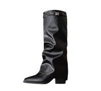 Women Knee High Boots Suede Over Knee Long Boots with Block Heel Mid Calf Slouchy Pointed Toe Slip on Boot Western Style Long Shoes Winter Flat Pull On Shoes Footwear Black B