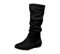 Women Knee High Boots Suede Pleated Flats Boots Suede Slouchy Slip On Zip Up Flat Bottom Medium Boot Thigh High Wide Calf Long Boot Winter Shoes Cowgirl Booties Work Flats Winter Shoes