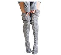 Women Knit Leg Stocking Thigh Long Warmers Knee Cable Boot Over Extra False Knee High Tights (Grey, One Size)
