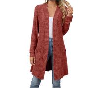 Women Knit Long Cardigans Open Front with Pocket Lightweight Casual Loose Draped Waterfall Cardigan Soft Knit Outerwear Ladies Long Sleeve Knitwear Oversized Sweater Coat for Autumn Winter Spring Red