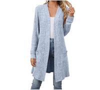 Women Knit Long Cardigans Open Front with Pocket Lightweight Casual Loose Draped Waterfall Cardigan Soft Knit Outerwear Ladies Long Sleeve Knitwear Oversized Sweater Coat for Autumn Winter Spring