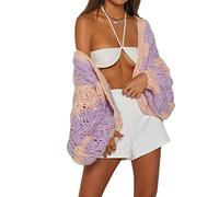 Women Knit Sweater Cardigan Y2k Aesthetic V Neck Chunky Baggy Cable Crochet Crop Pullover Jumper Top Knitwear (A-Purple, M)