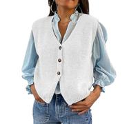 Women Knit Vest Top Y2k V Neck Sleeveless Button Down Solid Color Sweater Cardigan Loose Basic Knitted Tank Tops (White, M)