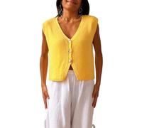Women Knit Vest Top Y2k V Neck Sleeveless Button Down Solid Color Sweater Cardigan Loose Basic Knitted Tank Tops (Yellow, XL)