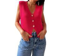 Women Knit Vest Top Y2k V Neck Sleeveless Button Down Solid Color Sweater Cardigan Loose Basic Knitted Tank Tops (Red, S)