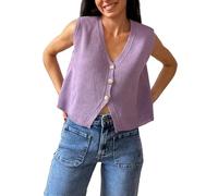Women Knit Vest Top Y2k V Neck Sleeveless Button Down Solid Color Sweater Cardigan Loose Basic Knitted Tank Tops (Purple, M)