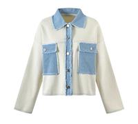 Women Knits Cardigan Denim Patchworking Lady Turn-Down Collar Long Sleeve Single-Breasted Casual Coats Beige S(US-4)