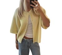 Women Knitted Button Down Short Sleeve Tops Solid Color Round Neck Cardigan Blouse Going Out Sweater Streetwear, Yellow, Small