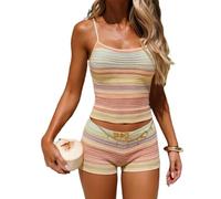 Women Knitted Colorful Stripes Tank Top Micro Shorts Slim Rainbow 2pcs Set | Sexy Crop Strapless Low Cut Camisole Bottoms Pajamas Summer Y2k Open Back Vest Mini Boxer Going Out Streetwear Casaul Outfit