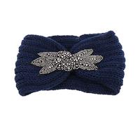 Women Knitted Hairband Flower For Rhinestone Beaded Ear Warmer Wide For H, Navy Blue, A
