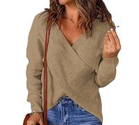 Women Knitted Jumperwomen Solid Color Knitted Sweaters Unique Front Cross Sexy V Neck Knitted Jumper Irregular Hem Khaki Pullover Warm Soft Comfortable Knitted Sweaters Gift For Winter Christmas New