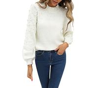 Women Knitted Ribbed Turtleneck Jumper Oversized Cashmere Pullover Sweater with Pearls Solid Lantern Sleeve Warm Sweater Sweatshirts Loose Fit Casual Knitwear Tops for Autumn Winter White
