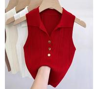 Women Knitted Sleeveless Vest Top Solid Color Collarless Tank Blouse Soft Stretchy Fabric Regular Fit Casual Innerwear For Four Seasons Layering Base Shirt(Average Size Red)