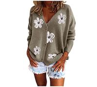 Women Knitted Sweaters Cardigans Daisy Print Embroidered Long Sleeve V-Neck Ladies Sweater Jumper UK Button Down Vintage Casual Y2K Cropped Cardigan Sweater Tops Grey M