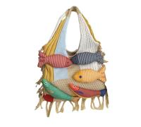 Women Knitted Tote Handbag Large Capacity Color-Block Bohemian Crochet Fringe Hobo Shoulder Bag Handmade Fish Decor, Khaki(color-block), One Size