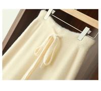 Women Knitted Wide Leg Pants 100 Percent Cashmere High Waisted Straight Leg Trousers Solid Color Pants Shallow Rice L