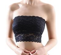 Women Lace Bandeau Bra Strapless Bra Stretch Floral Lace Bralette Crop Tube Top Bra Padded Soft Bra Bandeau Black One Size