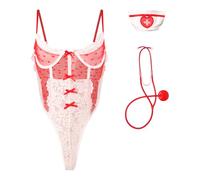 Women Lace Bodysuit Sexy Nurse Outfit Underwire Shelf Bra Mesh Babydoll Lingerie Teddy One Piece Naughty Nurse Costume High Cut Doctor Cosplay Uniform Jumpsuit for Halloween Party Club Rave Valentine