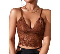 Women Lace Bralette V-Neck Wireless Hollow-Out Camisole Adjustable Spaghetti Strap Crop Top Slim Basic Half Top Bra Brown M