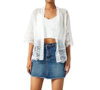 Women Lace Cardigan Shrug Crochet Knitted Short Sleeve Open Front Bolero Jacket Patchwork Mesh Sheer Knit Summer Beach Cover Up (A-White, S)