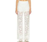 Women Lace Floral Mesh Pants Low Rise Fold Over Sheer Bell Pants Slim Fit See Through Long Flare Trousers(Ivory White,Medium)