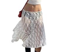 Women Lace Floral Midi Skirt Split Ruffle Swing Long Skirt See Through Irregular Sexy Skirt Y2k Fairy Grunge Skirt (White, L)