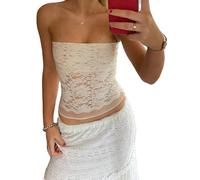 Women Lace Floral Tube Tops Strapless Sheer See Through Backless Shirts Bandeau Crop Tops Summer Vest Beachwear Party Clubwear (White, M)