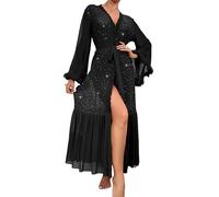 Women Lace Gown Kimono Robe Long Sleeve Pajamas Belted Sheer Mesh V Neck Bikini Cover Up Sexy Cover Up Chemise Bride Bathrobe Sleepwear Black L