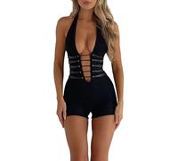 Women Lace Jumpsuits Sleeveless Halter Neck Cross Backless Bodycon Shorts Romper Summer Deep V Neck Party Club Bodysuit (Black A, S)