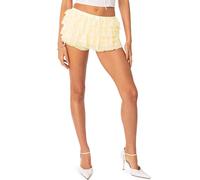 Women Lace Layered Ruffle Shorts Elastic Waist Bow Front Solid Color Mini Shorts Y2k Frilly Pumpkin Short (A-Yellow, S)