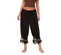 Women Lace Long Bloomers Pants Elastic Waist Y2k Ruffle Pettipants Slip Under Dress Cute Pantaloons Pumpkin Pants Pajama Bottoms (A-Black, S)