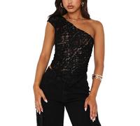 Women Lace One Shoulder Sleeveless Tank Top Sleeveless Sheer Mesh Lace Backless Slim fit Irregular Hem Tie Up Summer Tops (A-Black, S)