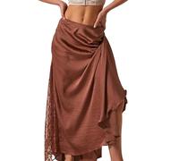 Women Lace Patchwork Satin Skirt Low Waist Floral Lace Midi Skirt Y2K Summer Asymmetric Ruffle Hem Vintage Skirt, Light brown, M