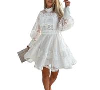 Women Lace Petal Hollowed Out Ruffle Dress Summer Casual Solid A-Line Skirt Dresses 1 White L