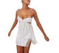 Women Lace Satin Mini Slip Dress Sleeveless Spaghetti Strap Tie Shoulder Backless Split Short Dress Y2k Fairy Dress, A-bandage, S