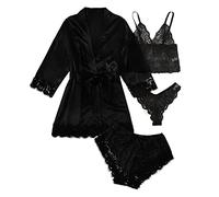 Women Lace Satin Wireless Bra Camisole Shorts Pajamas Robe Four Piece Set