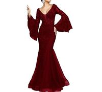 Women Lace Sexy Fishtail Banquet Gown Sequins Slim Mermaid Evening Long Dresses Ladies Formal Party Prom Fish Tail Frock (Red,S)