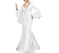 Women Lace Sexy Fishtail Banquet Gown Sequins Slim Mermaid Evening Long Dresses Ladies Formal Party Prom Fish Tail Frock (White,XL)