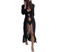 Women Lace Sheer Dress Beach Bikini Cover-Up Summer Beach Mesh Cardigan Sexy 2 Piece Skirt Set Long Sleeve Lace Crop Up +Ruffle Skirt Y2k Low Cut Slim Fit Party Beach Club Dress