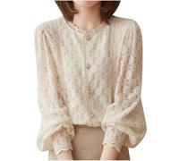 Women Lace Shirts,Solid Color Round Neck Long Sleeve Elegant Button Down Tunic Tops,Ladies Fall Winter Office Work Party Blouses Comfortable Lightweight Fashion Tees UK Size S-3XL