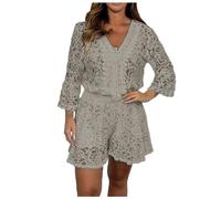 Women Lace Shorts Suits Two Piece Sets V Neck Long Sleeves Top + High Waist Shorts Solid Color Suits Elegant Embroidery Hollow Outfits for Elder Ladies Summer Holiday Beach Daily Wear (Beige, S)