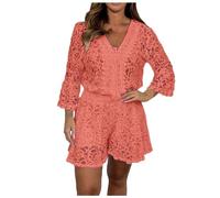 Women Lace Shorts Suits Two Piece Sets V Neck Long Sleeves Top + High Waist Shorts Solid Color Suits Elegant Embroidery Hollow Outfits for Elder Ladies Summer Holiday Beach Daily (Watermelon Red, M)