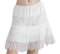 Women Lace Skirt Slip, Half Trim Satin Y2k Petchwork Ruffle Layering Flowy Mini Skirts Under Elastic Short Underskirt (White,S)