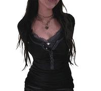 Women Lace Stitching V-Neck Fairy Crop Tops Y2K Long Sleeve V-Neck Tight Shirt Spring Autumn Slim T-Shirt Streetwear (A-03, S)