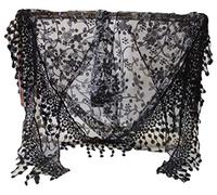 Women Lace Tassel Sheer Metallic Burnt-Out Floral Print Triangle Scarf Shawl (Black)