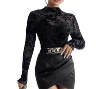 Women Lace Top Long Sleeve V Neck Sheer Slim Lace See Through Chic Elegant Casual Shirt Sexy Going Out Outfit Party Club Festival Tunic Layering Blouse Y2k Stylish Fitted Top D-Black, XXL